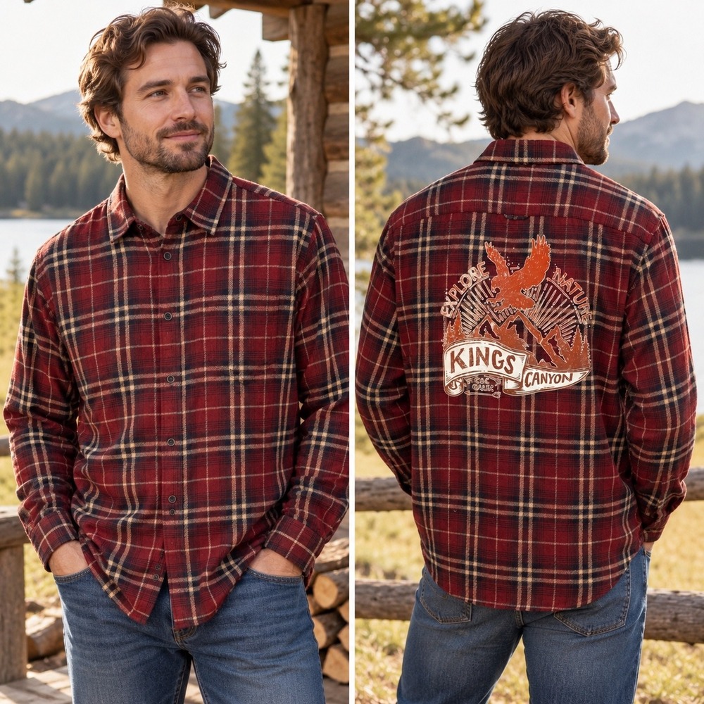 C&C California Men Large Red Plaid King Canyon Graphic Flannel Button Down Shirt